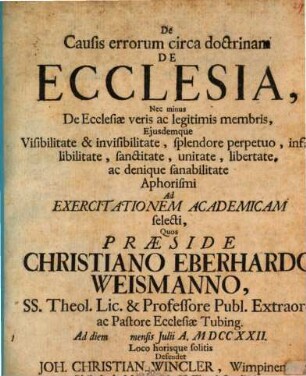 De causis errorum circa doctrinam de ecclesia ... aphorismi ...