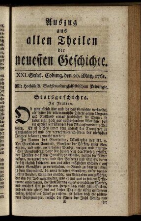 XXI. Stück. Coburg, den 20. May, 1761.