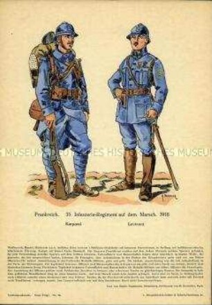 Uniformdarstellung, Korporal und Leutnant des 35. Infanterie-Regiments, Frankreich 1918.