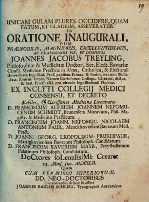 Unicam gulam plures occidere, quam fatum et gladium, asseveratur in oratione inaugurali