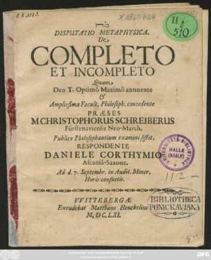 Disputatio Metaphysica. De Completo Et Incompleto