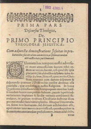 Prima Pars Discursus Theologici, De Primo Principio Theologiae Iesuiticae ...