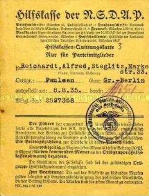 Quittungskarte der Hilfskasse der NSDAP