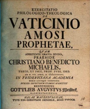 Exercitatio Philologico-Theologica De Vaticinio Amosi Prophetae