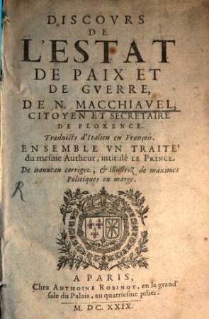 Les Discours de l'Estat de Paix et de guerre