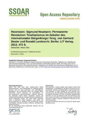 Rezension: Sigmund Neumann: Permanente Revolution: Totalitaris­mus im Zeitalter des internationalen Bürgerkriegs / hrsg. von Gerhard Besier und Ronald Lambrecht. Berlin: LIT Verlag, 2013. 472 S.