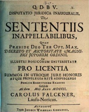 Disputatio juridica inauguralis, De sententiis inappellabilibus