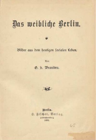 Das weibliche Berlin : Bilder aus dem heutigen socialen Leben
