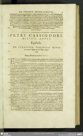 Petri Cassiodori, Militis Angli, Epistola. De Tyrannide Pontificis Romani in iura Regni & Ecclesiae Anglicanae. Anno Domini circiter MCCL.