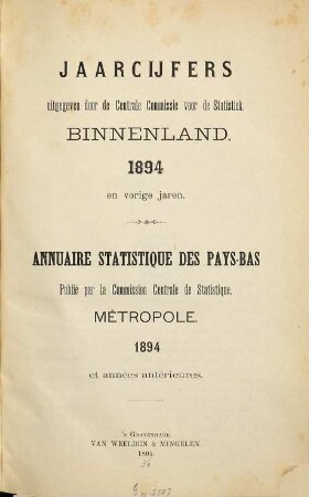 Jaarcijfers voor het Koninkrijk der Nederlanden. Binnenland = Métropole : = Annuaire statistique pour le Royaume des Pays-Bas. 1894 (1895)