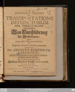 Disputatio Iuridica De Transportatione Defunctorum Per Territorium Alienum