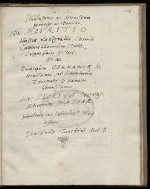 Widmung an Landgraf Moritz von Hessen