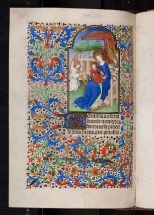 Bordüren-Miniatur-Seite: (15 Freuden Mariens) Thronende Muttergottes; Zierinitiale: D(oulce dame de misericorde)