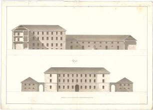 Röhrer, Karl; Unidentifizierte Gebäude - Dreigeschossiges Hauptgebäude mit Eckrisaliten und umlaufendem zweigeschossigen Nebengebäude (Ansicht; Schnitt)