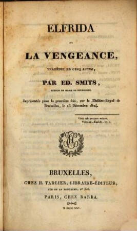 Elfrida ou la Vengeance : tragédie en 5 actes