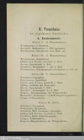 E. Verzeichniss der eingeführten Schulbücher