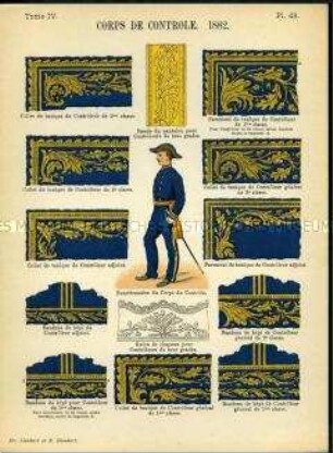 Uniformdarstellung, Funktionär des Korps du Contrôle, Detailstudien von Bortenverzierungen des Korps du Contrôle, Dritte Republik Frankreich, 1882.