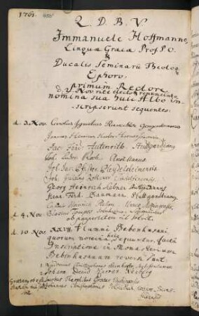 Winterhalbjahr 1761/1762. Rektorat Immanuel Hoffmann