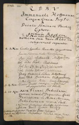 Winterhalbjahr 1761/1762. Rektorat Immanuel Hoffmann