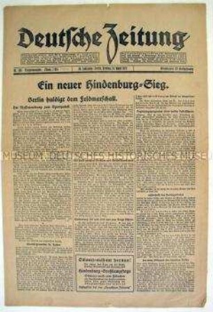 Konservative Tageszeitung "Deutsche Zeitung" zur Reichspräsidentenwahl 1925 (2. Wahlgang)