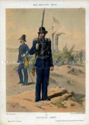 Uniformdarstellung, Offizier und Gemeiner des Flottillen-Korps, Österreich, 1848/1854. Tafel 143 aus: Gerasch: Das Oesterreichische Heer.