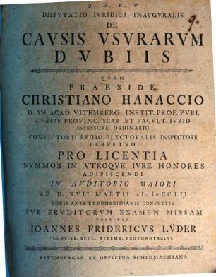 Dispvtatio Ivridica Inavgvralis De Cavsis Vsvrarvm Dvbiis
