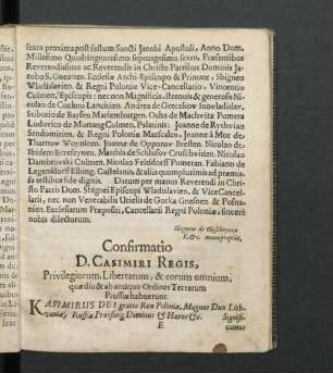 Confirmatio D.Casimiri Regis, Privilegiorum, Libertatum, & eorum omnium, quae diu & ab antiquo Ordines Terrarum Prussiae habuerunt.