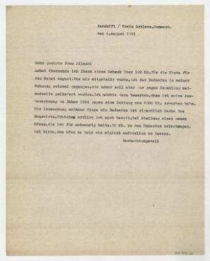 Brief von Raoul Hausmann an Frau Pilaski. Jershöft