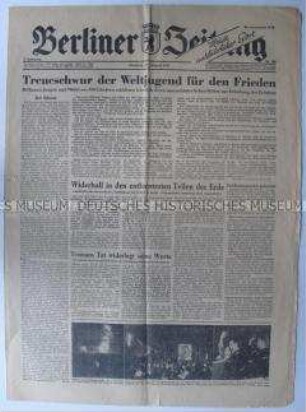 Tageszeitung "Berliner Zeitung" zu den III. Weltfestspielen in Berlin 1951