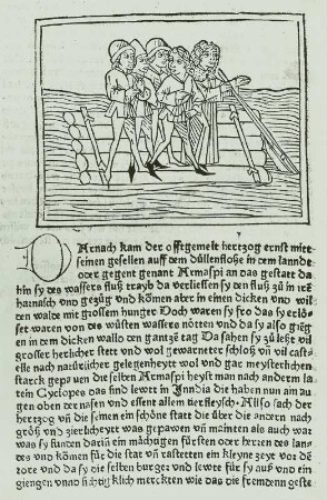 Historia Herzog Ernst von Bayern und Österreich, Blatt 25 b : Floß, Holzschnitt, 15. Jh.
