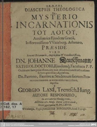 Diascepsis theologica de mysterio incarnationis tu logu