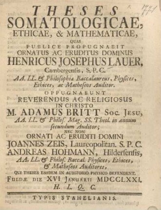 Theses Somatologicae, Ethicae & Mathematicae