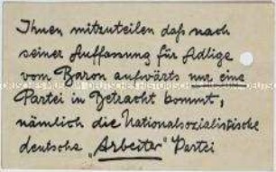 Handzettel im Layout einer imaginären Visitenkarte von Reichskanzler von Papen mit Polemik gegen die NSDAP-freundliche Haltung des Adels
