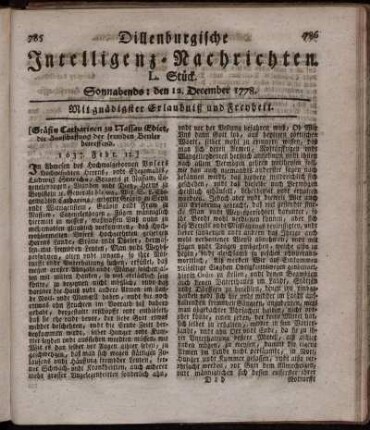 L. Stück. Sonnabends: den 12. December 1778.