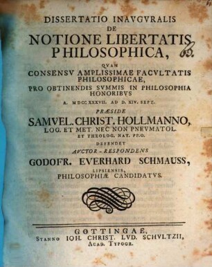Diss. inaug. de notione libertatis philosophica