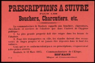 "Prescriptions à suivre pour les Bouchers, Charcutiers, etc." (Nr. 70, Vorderseite, gedruckt)