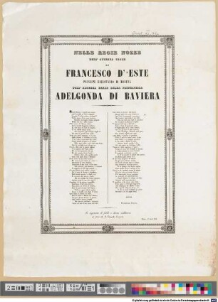 Nelle recie nozze dell' altezza reale di Francesco d' Este principe ereditario di Modena coll' altezza reale della principessa Adelgonda di Baviera : Modena, 16 Aprile 1842.