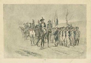 Französische Reiterei und Fußsoldaten mit franz. Fahne auf Landstrasse in offenem Gelände