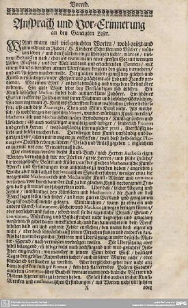 Ansprach und Vor-Erinnerung an den Geneigten Leser.