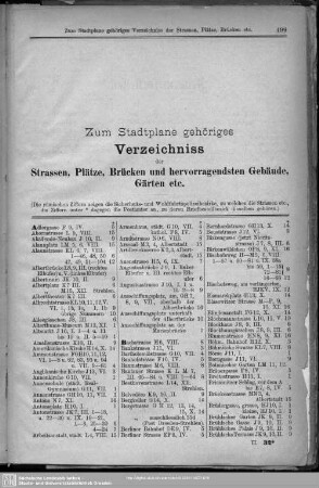Zum Stadtplane gehöriges Verzeichniss der Strassen, Plätze, Brücken und hervorragendsten Bauwerke, Gärten, etc.