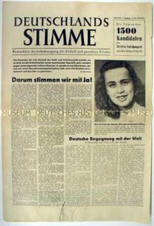 Wochenzeitung der Volkskongressbewegung "Deutschlands Stimme" zur Volksabstimmung am 15./16. Mai