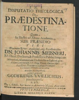 Disputatio Theologica De Praedestinatione