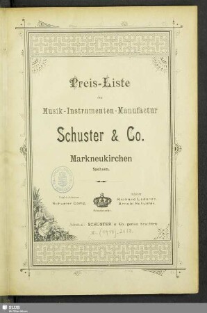 Preis-Liste der Musik-Instumenten-Manufactur Schuster & Co. Markneukirchen Sachsen
