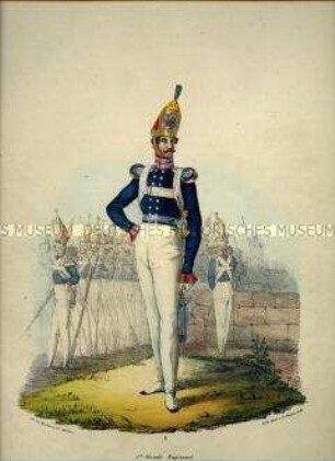 Uniformdarstellung, Offizier des 1. Grenadier-Garde-Regiments, Preußen 1830. Aus: Elzholz u.a.: Das Preussische Heer. Tafel 1.