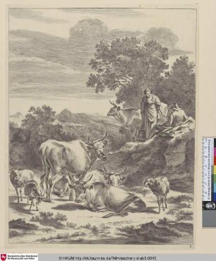 [Die Hirtin mit dem Milchkübel; Milkmaid and seated herd on a hillock]