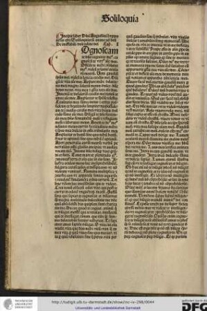 Incipit liber divi Augustini Hypponensis episcopi Soliloquiorum anime ad deum de ineffabili dulcedine dei.