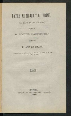 Entre mi mujer y el primo : zarzuela en un acto y en verso