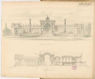Gedächtnishalle Monatskonkurrenz Februar 1881: Aufriss Ansicht vom Ehrenhof aus, Längsschnitt 1:200; Maßstabsleiste