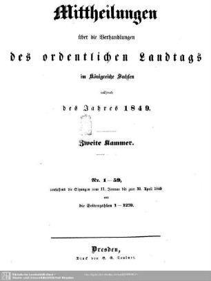 1849: Mitteilungen über die Verhandlungen des Ordentlichen Landtags im Königreiche Sachsen / 2. Kammer