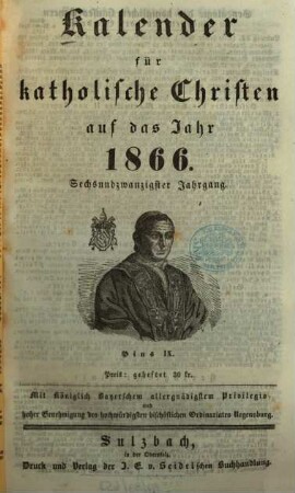 Kalender für katholische Christen : auf d. Jahr ... 1866 = Jg. 26
